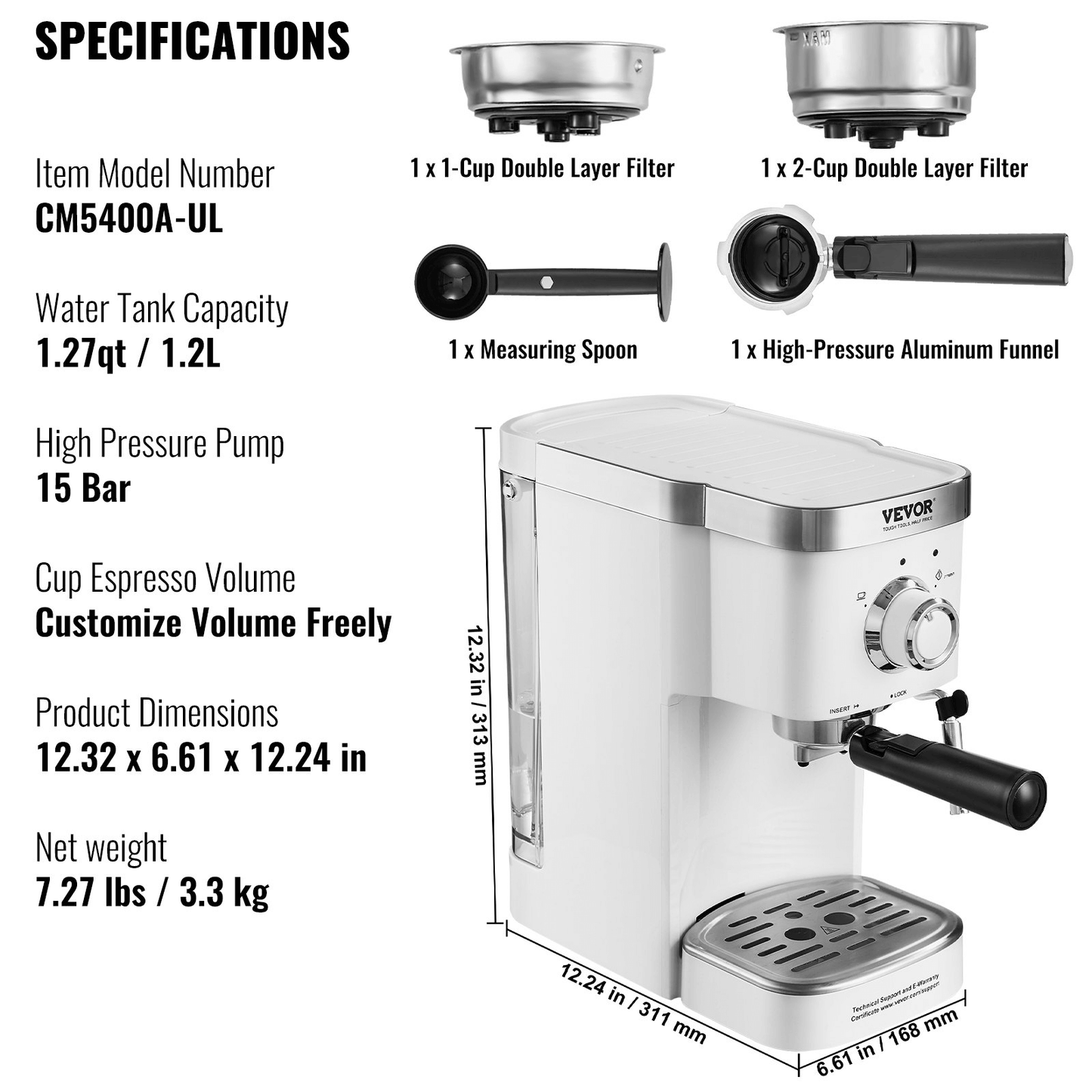 VEVOR Espresso Coffee Machine, 15Bar Semi-Automatic Espresso Maker