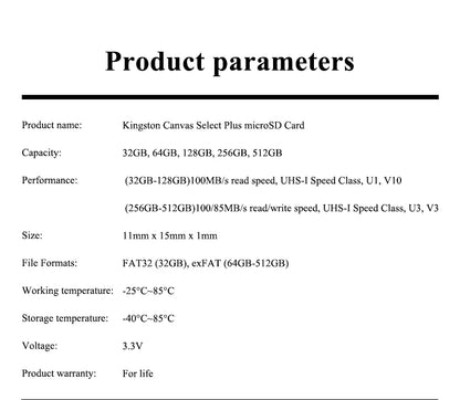 Kingston Canvas Select Plus Micro SD Card 32GB 64GB 128GB 256GB 512GB Memory Card C10 A1 Flash Card Up to 100MB/s read TF Card