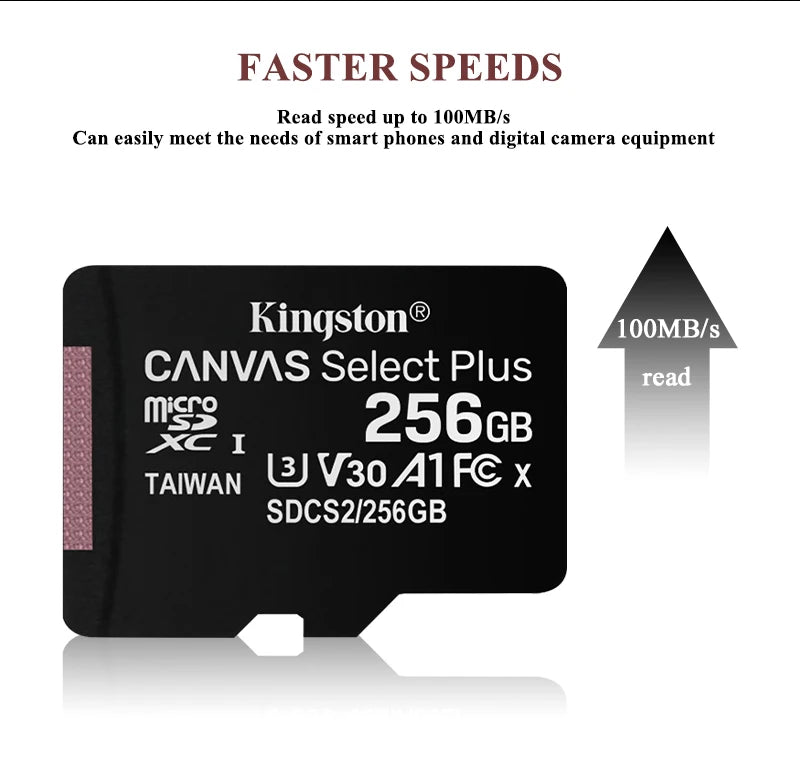 Kingston Canvas Select Plus Micro SD Card 32GB 64GB 128GB 256GB 512GB Memory Card C10 A1 Flash Card Up to 100MB/s read TF Card