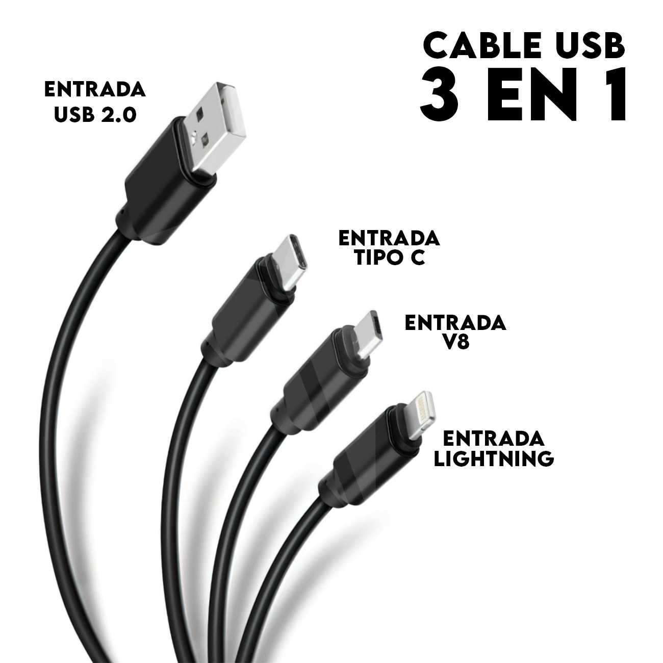 Cable De Carga 3 En 1 Multicargador V8 Tipo C Micro U Y Ip